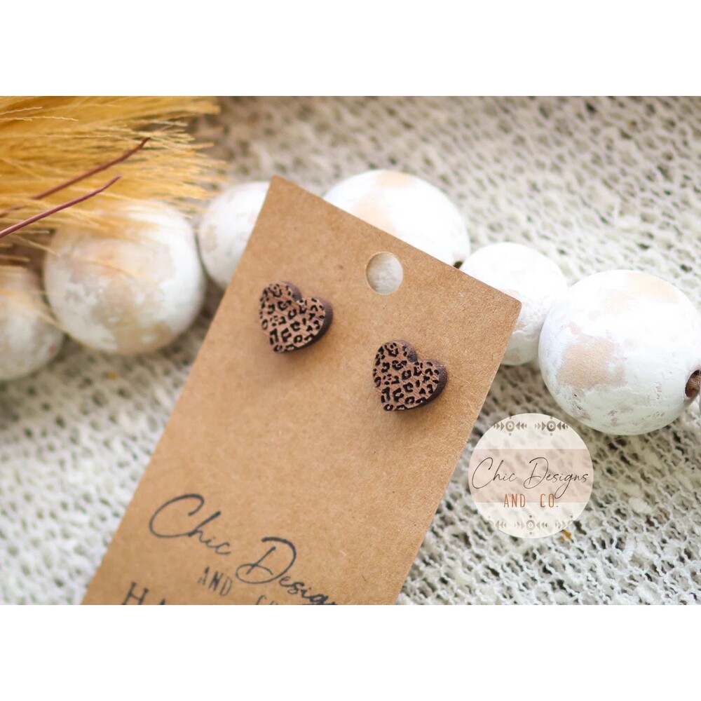 Wooden Cheetah Heart Stud Earrings - Mini Wood Heart Shape Stud Earrings